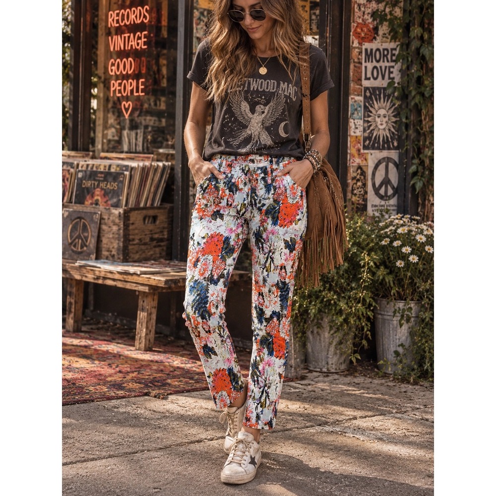 7 For All Mankind Indie Floral Skinny Jeans Statement Boho Orange Blue Size 30
